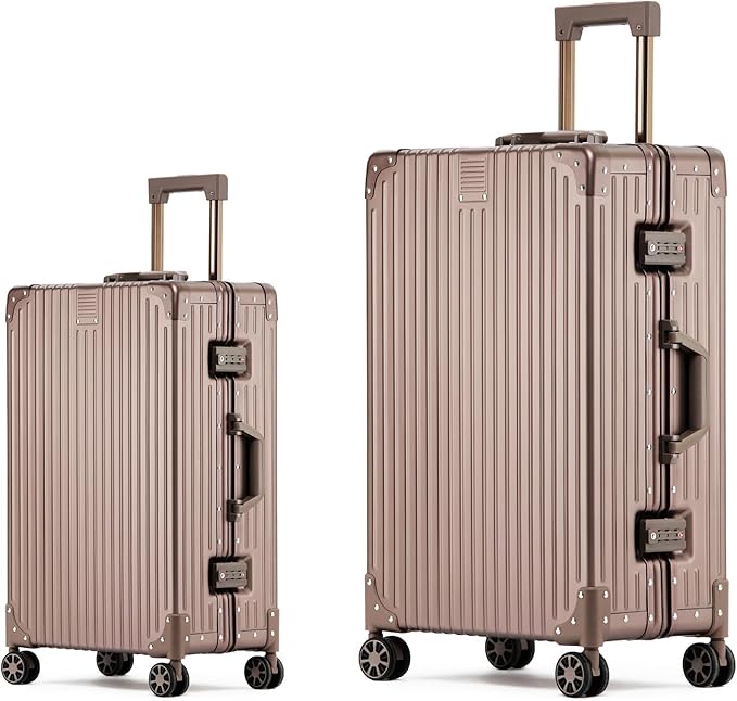 Metal All Aluminum Carry-on Luggage TSA Customs Lock Zipperless Silent Rotary Wheel Business Suitcase Aluminum Frame Set (titanium gold, 2Piece(20/26))
