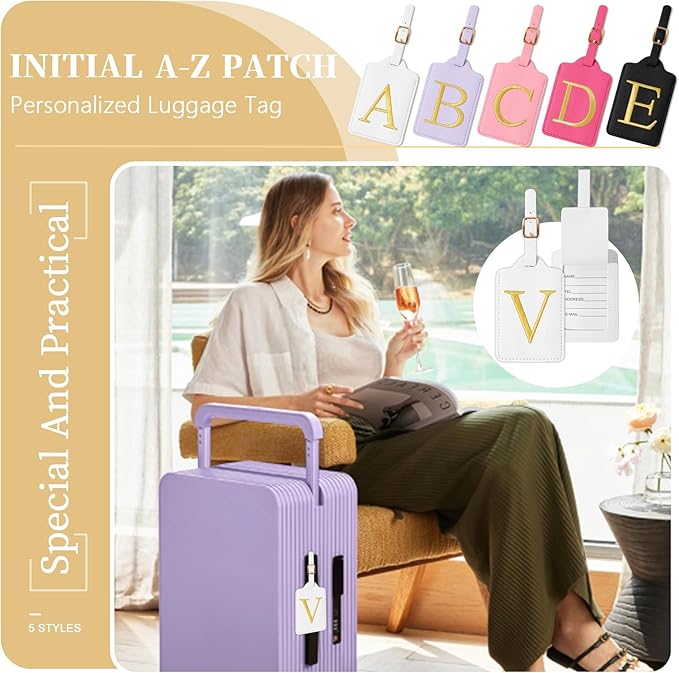 Personalized Initial Luggage Tags for Suitcase TSA Approved, White Leather Cute Luggage Tag with Privacy Cover Name Card, Embroidered Custom Luggage Tags Travel Baggage Tags Gifts for Women Kids(V)