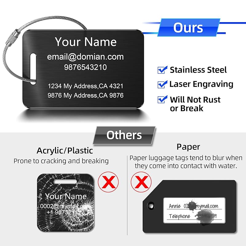 Stainless Steel Personalized Luggage Tags for Suitcases - Custom Name ID Travel Tags for Luggage, Backpacks and Bags - Metal Travel Essentials Accessories for Kids, Women and Men - Bulk Set (4 Pack)