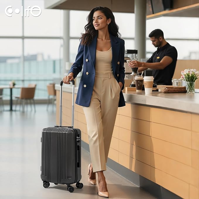 Coolife Luggage Suitcase PC+ABS with TSA Lock Spinner Carry on Hardshell Lightweight 20in 24in 28in(sliver, S(20in_carry on))