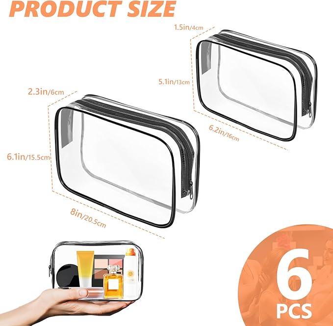 AURUZA 6 Pack Clear Toiletry Bag,Portable Travel Makeup Bags with Zipper, TSA Approved Clear Organizer Bags, PVC Cosmetic Pouch for Airport Airline Compliant (6 Packs Black)