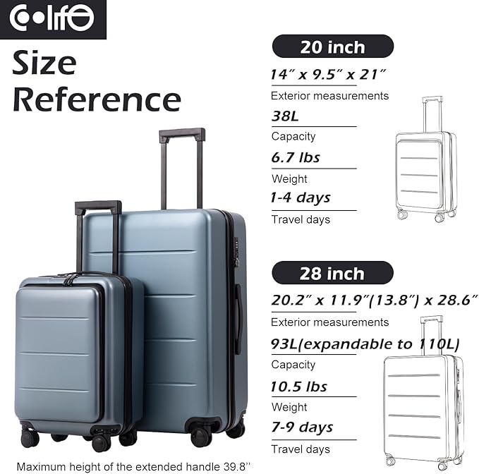 COOLIFE Luggage Suitcase Piece Set Carry On ABS+PC Spinner Trolley with pocket Compartmnet Weekend Bag(Titanium gray, 2-piece Set)