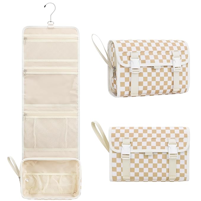 Relavel Hanging Toiletry Bag for Women, Hanging Makeup Organizer with Travel Size Toiletries, Portable Bathroom Travel Bag with Hook for Shaving Kit, Shampoo, Conditioner for Trip - Plaid