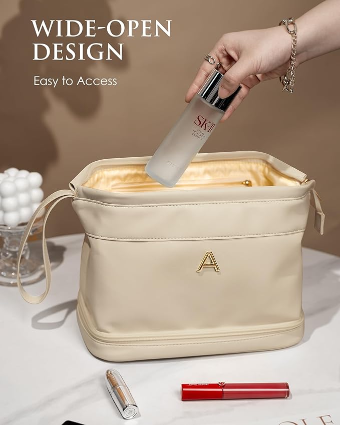 Women Gifts, Initial Large Makeup Bag, Travel Essentials, Personalized Double Layer Cosmetic Bag with Makeup Brush Organizer, Travel Toiletry Bag, Trendy Gifts For Women