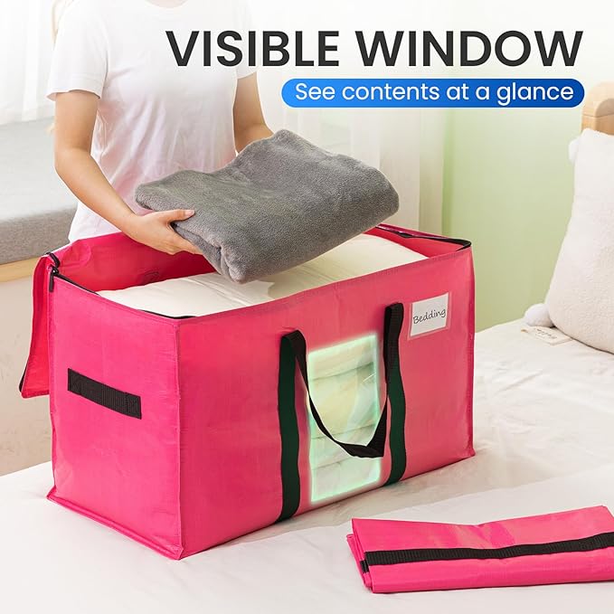 TAILI 12 Pack Pink Extra Large Moving Bags, Heavy Duty Totes with Visible Window, Wrap Around Handles, Space-Saving Storage Solution, Alternative to Moving Boxes