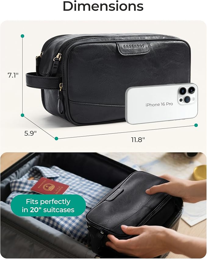BAGSMART Toiletry Bag for Men, PU Leather Travel Bag for Toiletries, Dopp Kit Water Resistant Shaving Bag for Bathroom Shower-Black