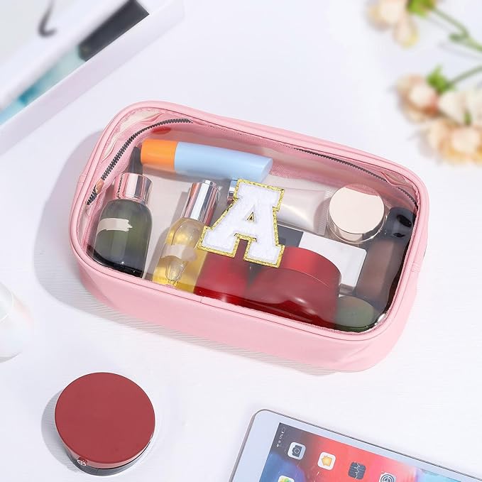 YOOLIFE Initial Travel Essentials Makeup Bag, Make Up Bag Skin Care Clear Toiletry Bag Pouch Cosmetic Bag Case Large Makeup Bag Personalized Pink Birthday Gifts for Women Teacher Mom Teen Friends V