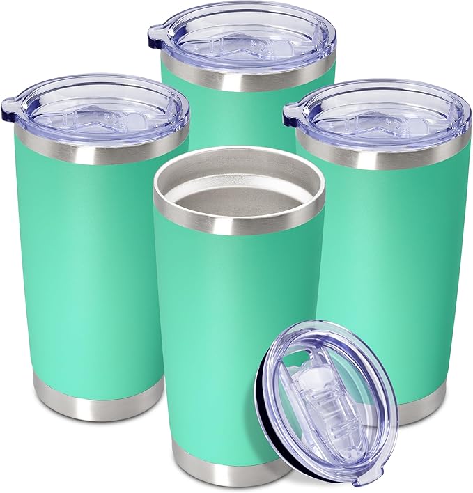 20 oz Tumbler Coffee Tavel Tumblers Bulk with Lid Stainless Steel Double Wall Vacuum Insulated Mug Powder Coated Cups fit Car Cupholder for Hot and Cold - Light Blue, 4Pack