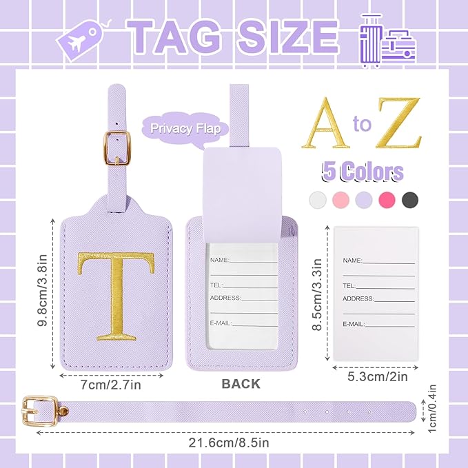Personalized Initial Luggage Tags for Suitcase, Purple Leather Cute Luggage Tags with Privacy Cover Name Card, Embroidered Custom Monogrammed Luggage Tag Travel Backpack Tags Gifts for Women Kids(T)
