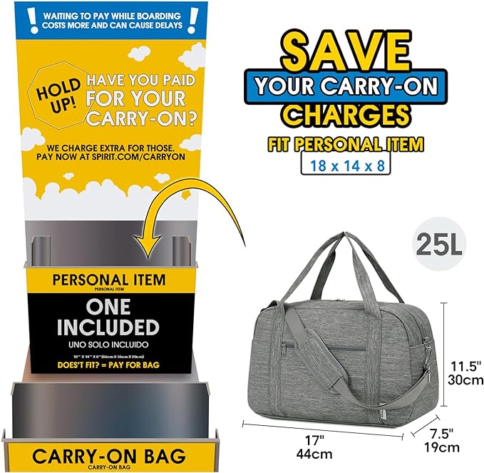 Narwey 18" Carry on Bag Underseat Luggage for Airplane Spirit Airlines Personal Item Bag Travel Duffel Bag Small Gym Bag Weekender Overnight Bag with Wet Pocket for Women and Men (Grey)