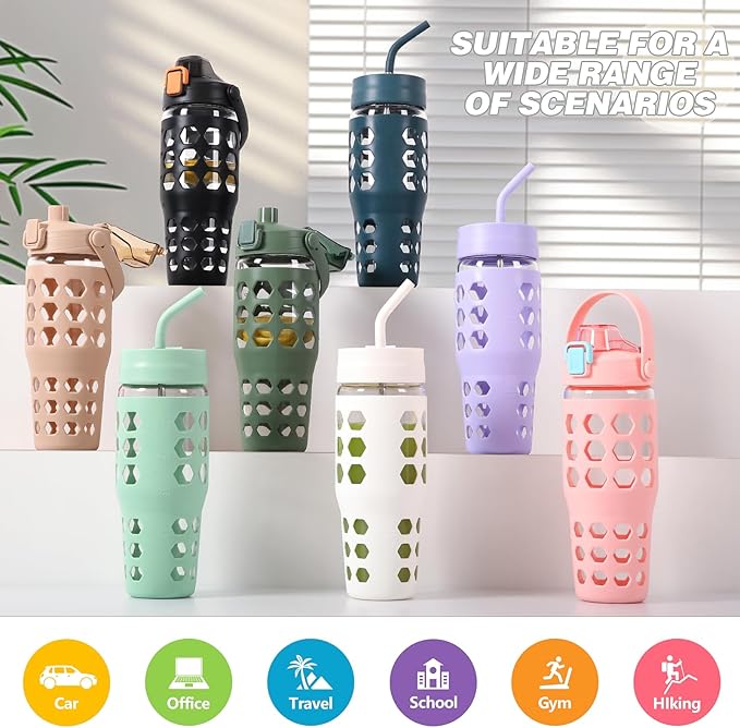 MUKOKO 32 oz Glass Tumbler with Straw,Glass Water Bottles with Time Marker,Iced Coffee Cup with 2 Lids-Handle Spout Lid&Straw Lid,Silicone Sleeve,Leakproof,1 Pack-Green