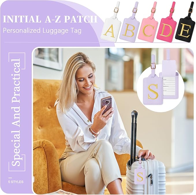 Personalized Initial Luggage Tags for Suitcase, Purple Leather Cute Luggage Tags with Privacy Cover Name Card, Embroidered Custom Monogrammed Luggage Tag Travel Backpack Tags Gifts for Women Kids(S)