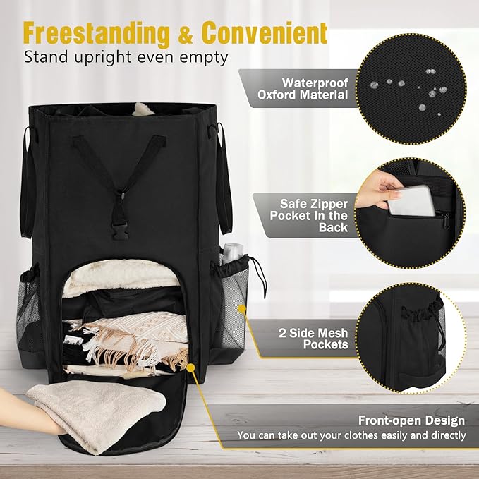 Laundry Bag Backpack Extra Large, 110L Laundry Backpack Heavy Duty with Shoulder Straps, Collapsible and Mesh Pocket Dorm Laundry Basket Hamper Bag for College, Travel, Laundromat, Apartment Black