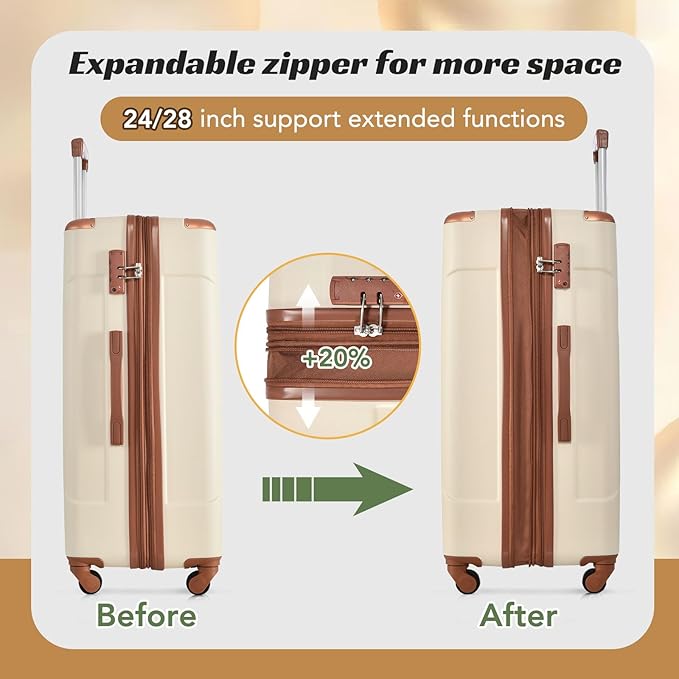 Merax 28 Inch Checked-Large Luggage with Wheels Aluminum Alloy Corner Hard Shell Suitcase TSA Luggage Suitcases for Travel Woman Men(White Brown)