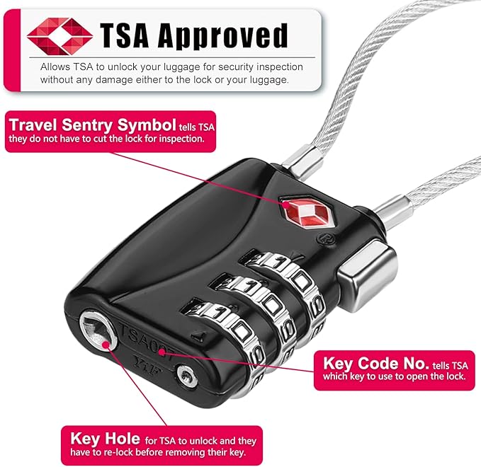 ZHEGE Luggage Locks TSA Approved 4 Pack Cable Padlocks for Suitcase, Baggage, Backpack, Pistol Case (Multiple Colors)