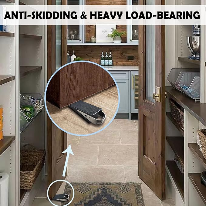 Shackcom Rubber Door Stopper Wedge, 4 Pack Black Heavy Duty Door Stop Suitable for All Floor Types, with Stainless Steel Hangers for Easy Storage, Prevents Unwanted Slams and Bumps