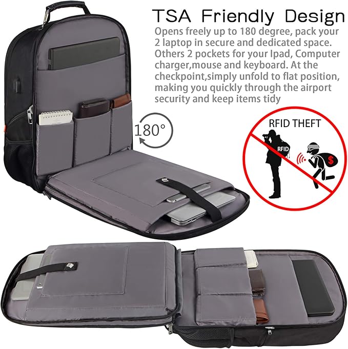 18.4 inch Gaming Laptop Backpacks with USB Charging Port, Big Capacity TSA Friendly RFID Anti Theft Pocket College Heavy Duty Computer Work bag for Men