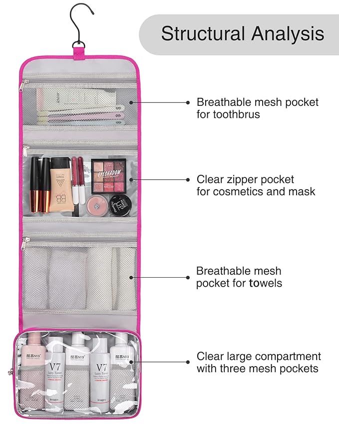 Relavel HangingTravel Toiletry Bag for Women, Large Capacity Toiletries Bag, Travel Essentials Organizer, Hanging Makeup Case for Accessories, Waterproof Bathroom Shower Bag (hot pink)