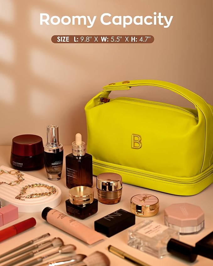 Gifts for Young Women, Personalized Makeup Bag with Handle, Initial Double Layer Cosmetic Bag with Makeup Brush Organizer, Cute Cosmetic Pouch for Women, Gifts for Friends Female Mom