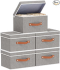 Fabric Storage Bins with Lids, Linen Foldable Clothes Boxes, Closet Organizer Containers with Double Handles, Baskets for Bedroom, Grey, 5 Pack, 13 x 9.1 x 7.9 Inch