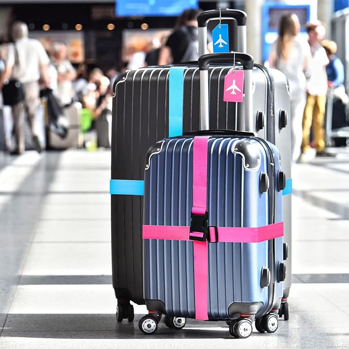 Weewooday 8 Pcs Luggage Straps Suitcase Tags Set for TSA Approved, 4 Travel Adjustable Suitcase Belt, 4 Silicone Luggage Tags with Name ID Card Travel Accessories(Pink, Light Blue,Airplane)