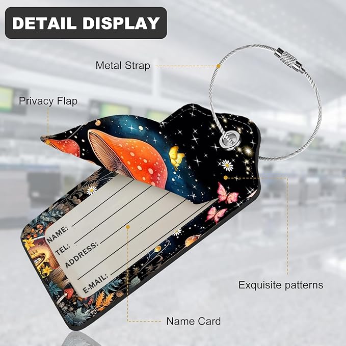 2Pack Luggage Tags for Suitcases, Cute Unique Pu Leather Cruise Luggage Tag with Privacy Cover ID Label Address Card and Metal Ring Suitable for Women Men Kids Travel Bag Mushrooms and The Moon