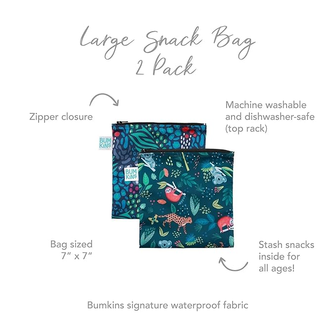 Bumkins Reusable Sandwich and Snack Bags, for Kids School Lunch and for Adults Portion, Washable Fabric, Waterproof Cloth Zip Bag, Travel Pouch, Food-Safe Storage, Large 2-pk Jungle