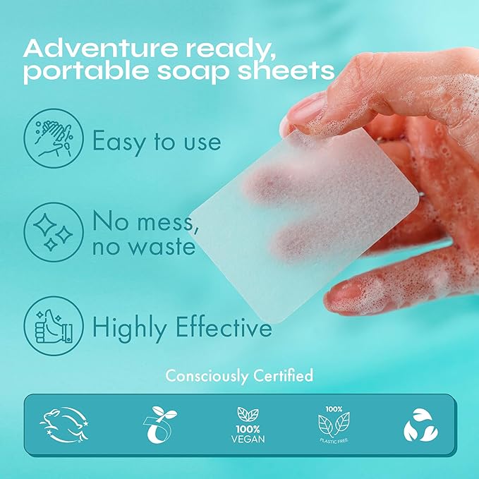 FOMIN - Antibacterial Paper Soap Sheets for Hand Washing - (300 Sheets) Tea Tree Portable Travel Soap Sheets, Dissolvable Camping Mini Soap, Portable Hand Soap sheet