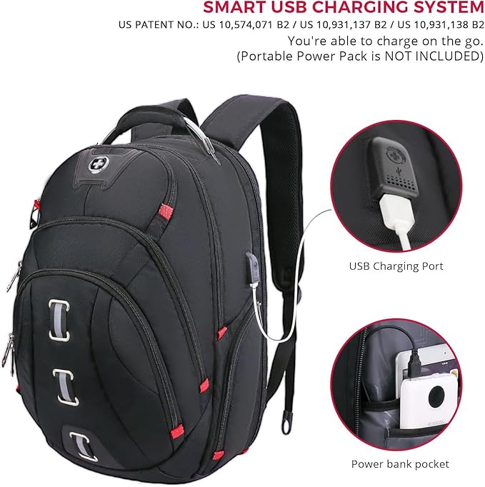 Swissdigital Design Travel Laptop Backpack, College Backpack For men with USB Charging Port Smart Bag with RFID Fits 15.6 Inch Notebook | PIXEL