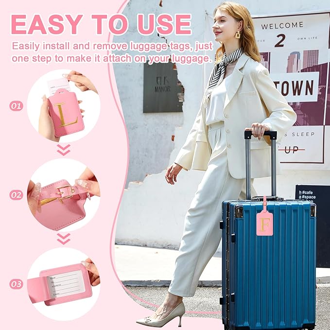 Personalized Initial Luggage Tags for Suitcase, Pink Leather Cute Luggage Tags with Privacy Cover Name Card, Embroidered Custom Monogrammed Luggage Tag Travel Bag Baggage Tags Gifts for Women Kids(F)