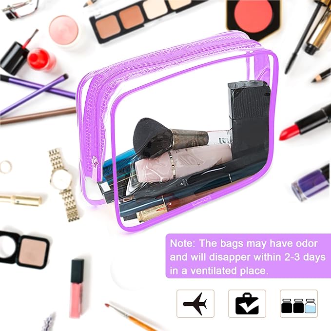 APREUTY Clear Makeup Bags, TSA Approved 6 Pcs Cosmetic Makeup Bags Set Clear PVC with Zipper Handle Portable Travel Luggage Pouch Airport Airline Vacation Organization (Purple)