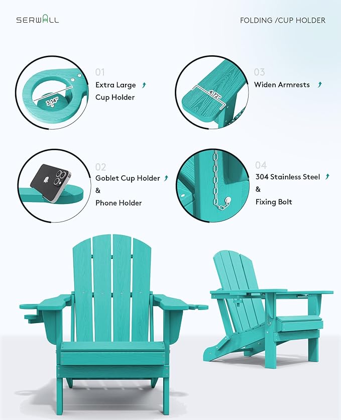SERWALL Adirondack Chair with Cup Holders - Composite Adirondack Chairs Set of 4 HDPE Outdoor Chairs All Weather Use- Aruba