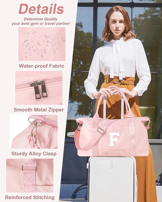 Initial Travel Duffel Bag Sports Gym Bag for Girls Teen Birthday Gifts,Pink Personalized Weekender Bag Carry On Tote Bags for Women Men,Waterproof Overnight Luggage Bag with Trolley Sleeve(Letter F)