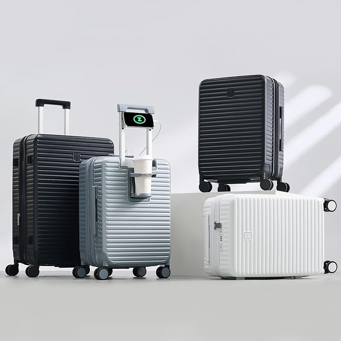 Hard Shell Suitcases Travel Expandable Luggage, 24 Inch Check in Luggage with Spinner Wheels Cup Holder Charger Built in, Checked Medium Suitcase Lightweight Suitcases, Interstellar Blue