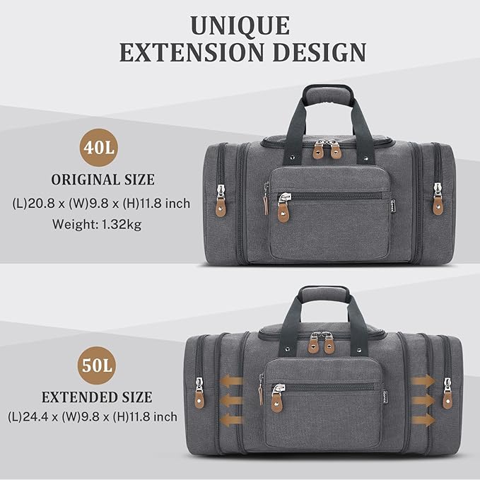 Gonex Canvas Duffle Bag for Travel 50L Expandable Duffel Weekend Overnight Bag men (Gray)