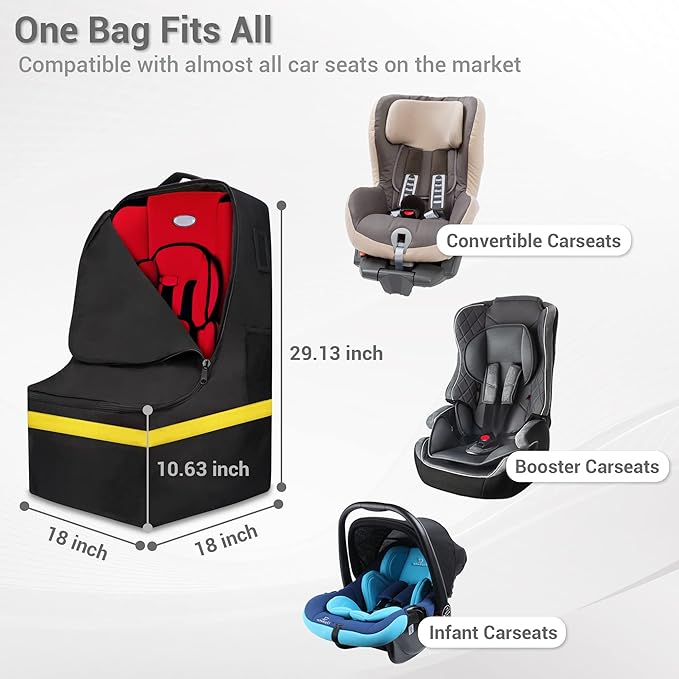 Car Seat Travel Bag - Padded, Comfortable, Durable, Roomy Gate Check Carseat Cover Backpack Fits 3-in-1，Convertible, Booster & Infant Car Seats for Airplane, Airport, Yellow