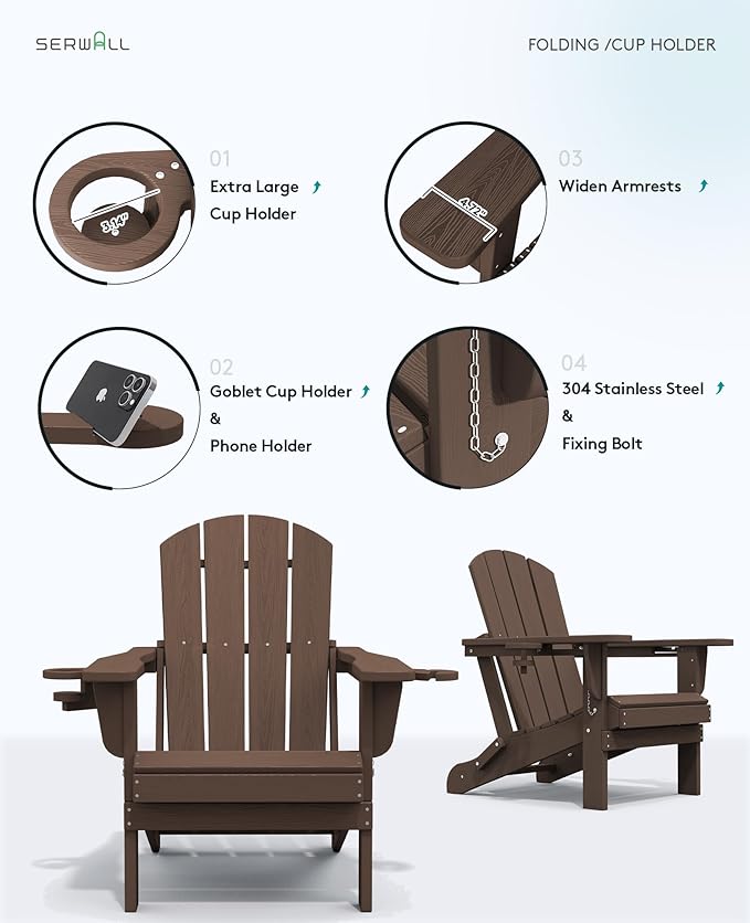 SERWALL Adirondack Chair with Cup Holders - Composite Adirondack Chairs HDPE Outdoor Chairs All Weather Use- Coffee