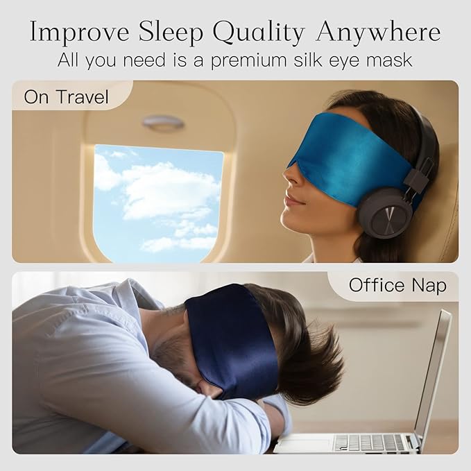 100% Natural Silk Eye Mask for Women Men, Soft Pressureless Cooling Blackout Eye Covers for Sleeping, Large Size Sleep Mask fits All Heads Adjustable, 1PC, Navy Blue