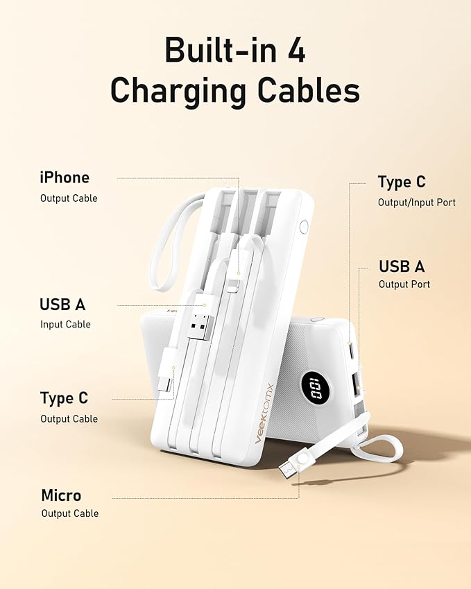VEEKTOMX Portable Charger with Built in Cables 10000mAh, USB C Power Bank with 5 Outputs and LED Display, Small & Slim Battery Pack Compatible with iPhone/iPad/Samsung and Android Devices for Travel