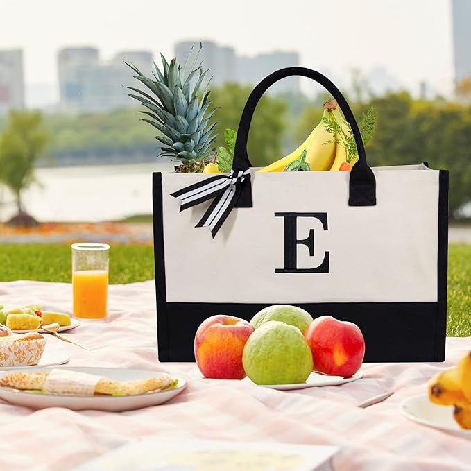 TOPDesign Embroidery Initial Canvas Tote Bag, Personalized Present Bag, Suitable for Wedding, Birthday, Beach, Holiday, is a Great Gift for Women, Mom, Teachers, Friends, Bridesmaids (Letter E)