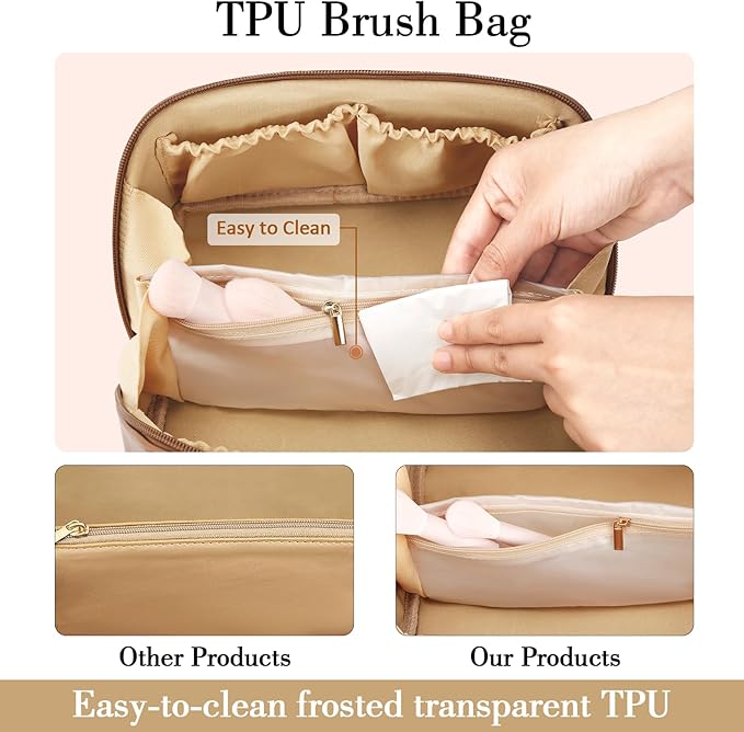 Birthday Gifts for Women Teen Girl, Personalized Initial Makeup Organizer Bag Set, Open Flat Travel Cosmetic Bag With Clear Divider and Handle(Beige,H)