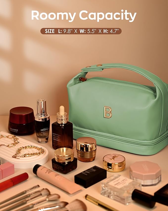 Gifts for Women 40s, Personalized Makeup Bag with Handle, Initial Double Layer Cosmetic Bag with Makeup Brush Organizer, Cute Cosmetic Pouch for Women, Gifts for Friends Female Mom