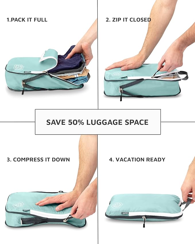 Large Compression Packing Cubes for Travel-Packing Cube Luggage Organizers 7 Piece Set for Checked Luggage-Ultralight, Expandable/Compression Bags by TRIPPED Travel Gear (DustyTeal/White)