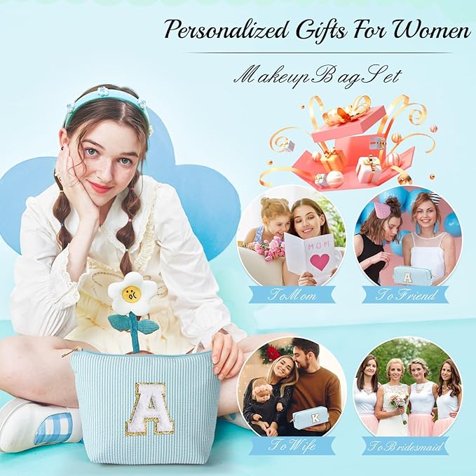 YOOLIFE Initial Makeup Bag for Women - Teen Girl Gifts Trendy Stuff Monogram Cute Makeup Bags Make Up Case for Women Her Best Friend Friendship Sister Teacher, Personalized Birthday Gifts I