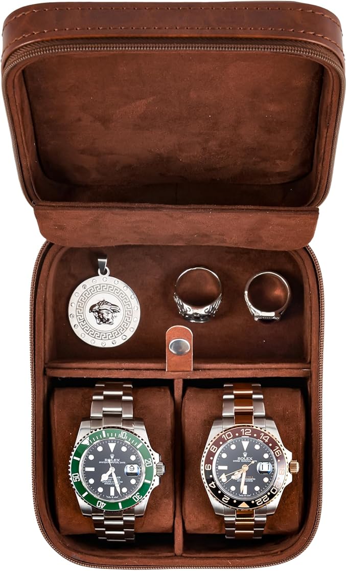Awesometik 2 Slot Luxury Travel Faux Leather Watch Case. Watch Storage Organizer. Watch Display & Watch Holder. Perfect For Watch Collection. Ready to Gift for Men (2 Slot Watch Case)