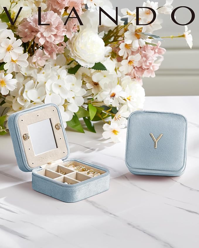 Vlando Mother's Day Gift for Women Girls, L Initial Travel Jewelry Case, Small Jewelry Travel Case, Personalized Travel Mini Jewelry Case, Birthday Gifts for Women Mom Grandma - Letter M, Blue