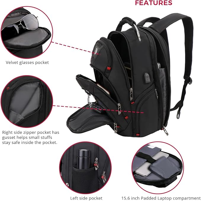 Swissdigital Design Travel Laptop Backpack, College Backpack For men with USB Charging Port Smart Bag with RFID Fits 15.6 Inch Notebook | PIXEL