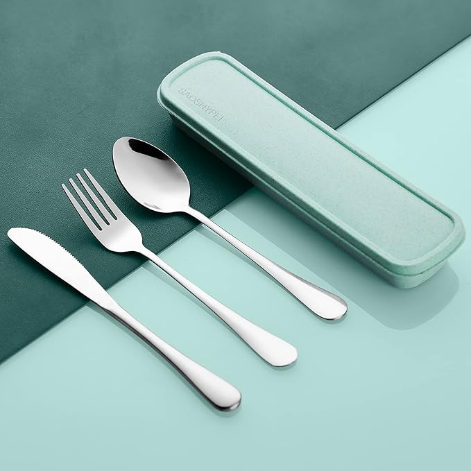 Portable Utensils Set with Case, 4pcs Stainless Steel Reusable Silverware for Lunch Camping School Picnic Workplace Travel, Lunch Box Includ Fork Spoon Knife,Easy to clean,Dishwasher Safe