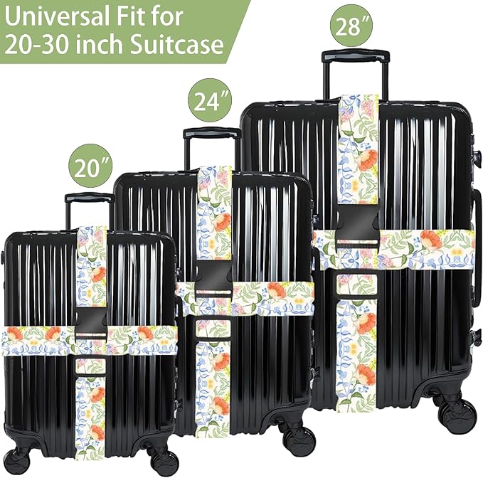 Roses Flowers Luggage Straps for Suitcases, Adjustable Luggage Travel Belts to Keep Luggage Security While Travel, Strong Polyester Fabric, Easy-to-Recognize Stylish Design Travel Accessories, 2 Pack