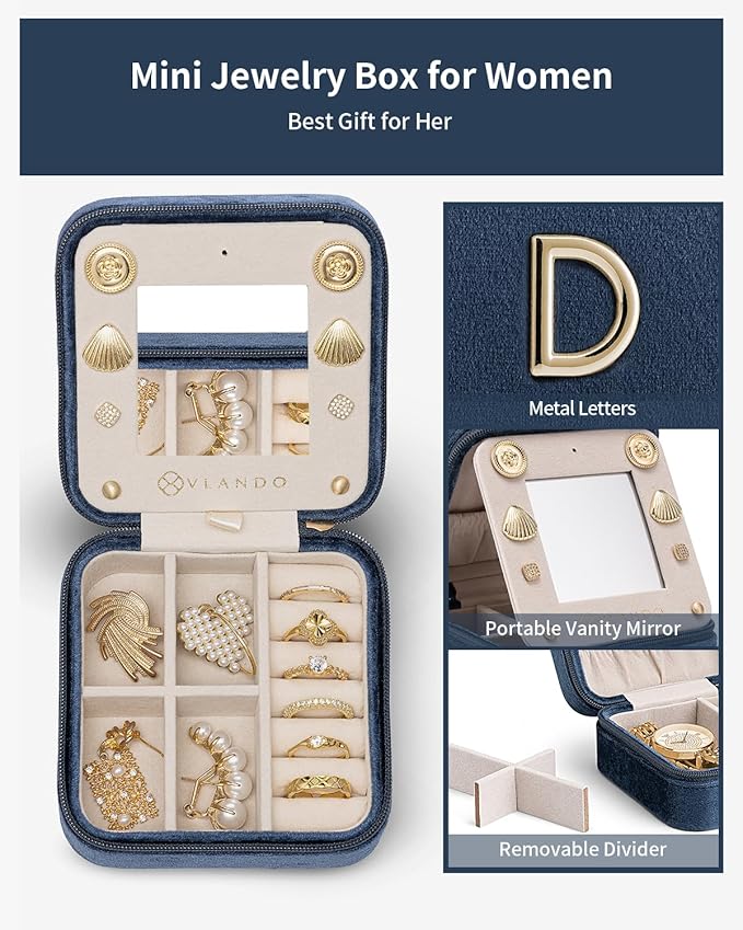 Vlando Wedding Gifts for Women, Jewelry Box, Bridal Shower, Bridesmaid, Bride Gifts, Bridesmaid Proposal Wedding Gifts, Personalized Jewelry Case - Letter D, Dark Blue